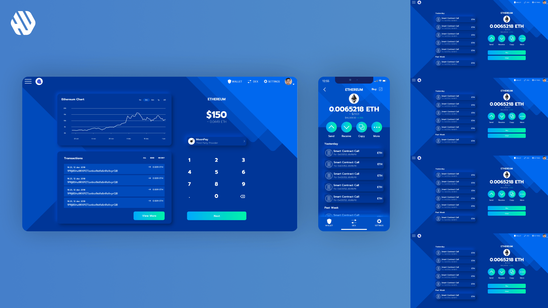 Mobile and desktop cryptocurrency wallet interface designs for Ethereum transactions. Brand Gnus.